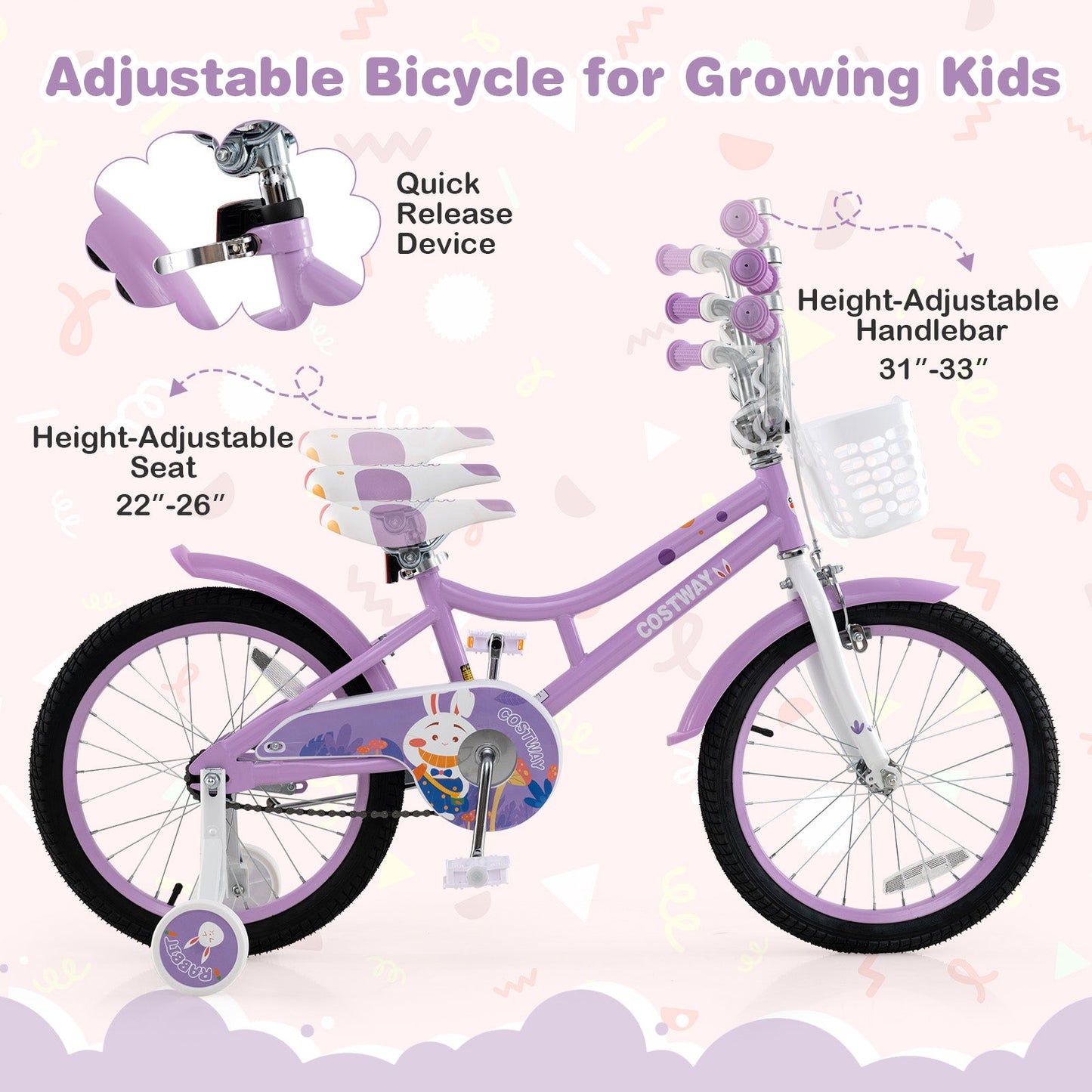 Purple 18-inch girls bike with white basket and detachable training wheels, adjustable seat on Tampa Home & Garden Store