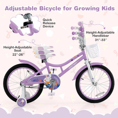 Purple 18-inch girls bike with white basket and detachable training wheels, adjustable seat on Tampa Home & Garden Store