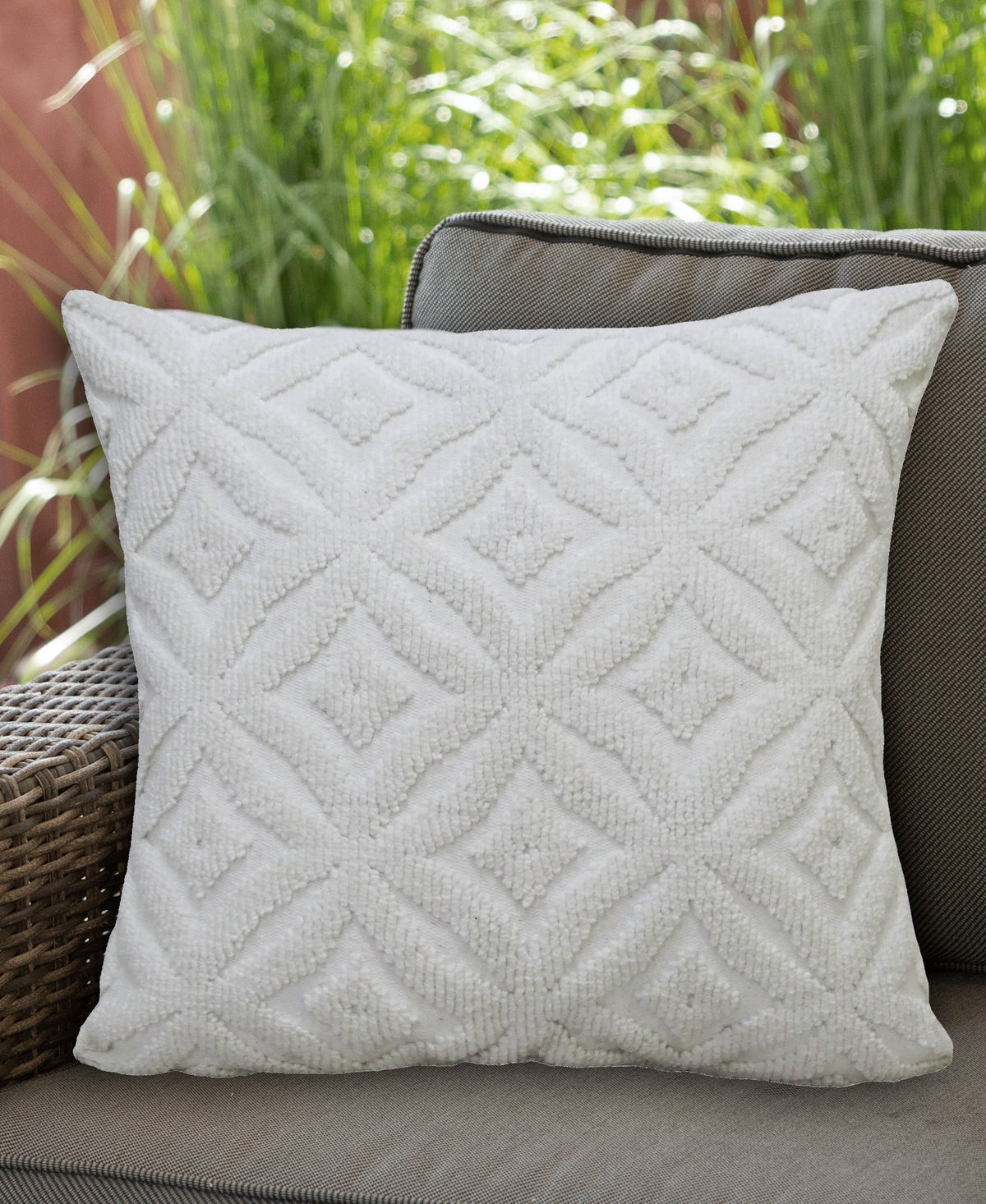 Vibhsa white indoor outdoor ogee decorative pillow 18x18 with quilted diamond pattern on Tampa Home & Garden Store