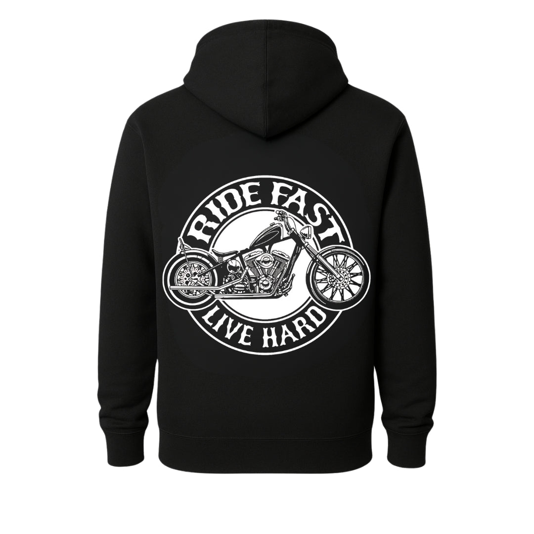 Black hoodie by BikerZoneZ with white circular motorcycle graphic Ride Fast Live Hard Milwaukee on Tampa Home & Garden Store