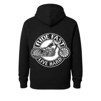 Black hoodie by BikerZoneZ with white circular motorcycle graphic Ride Fast Live Hard Milwaukee on Tampa Home & Garden Store