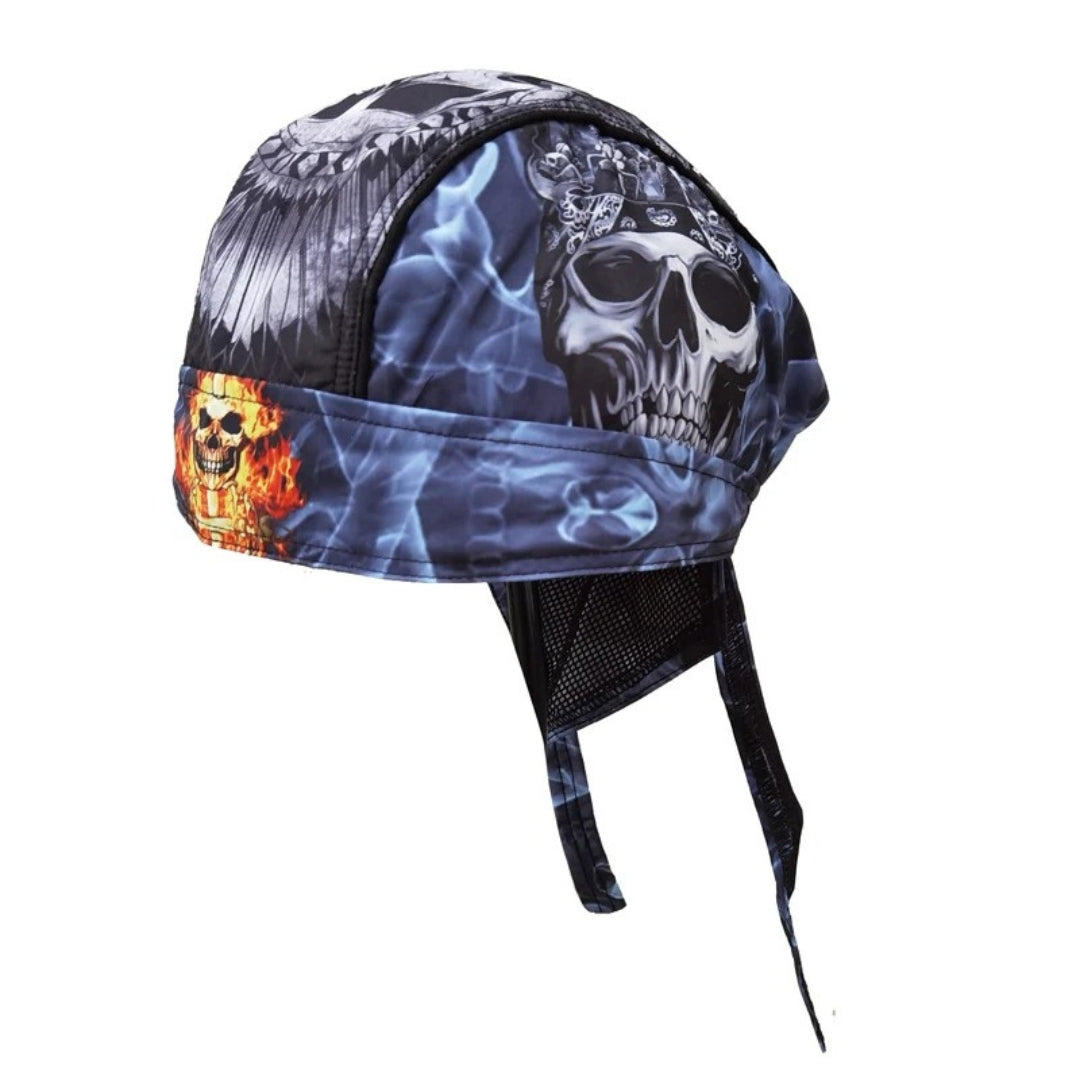 Motorcycle helmet balaclava with skull print and blue/black flame design by BikerZoneZ headwear on Tampa Home & Garden Store