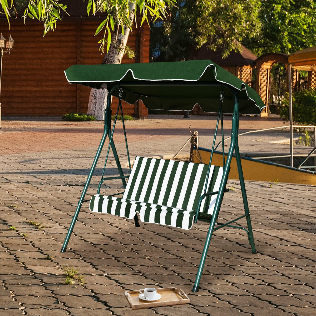 Loveseat Cushioned Patio Steel Frame Swing Glider -Green