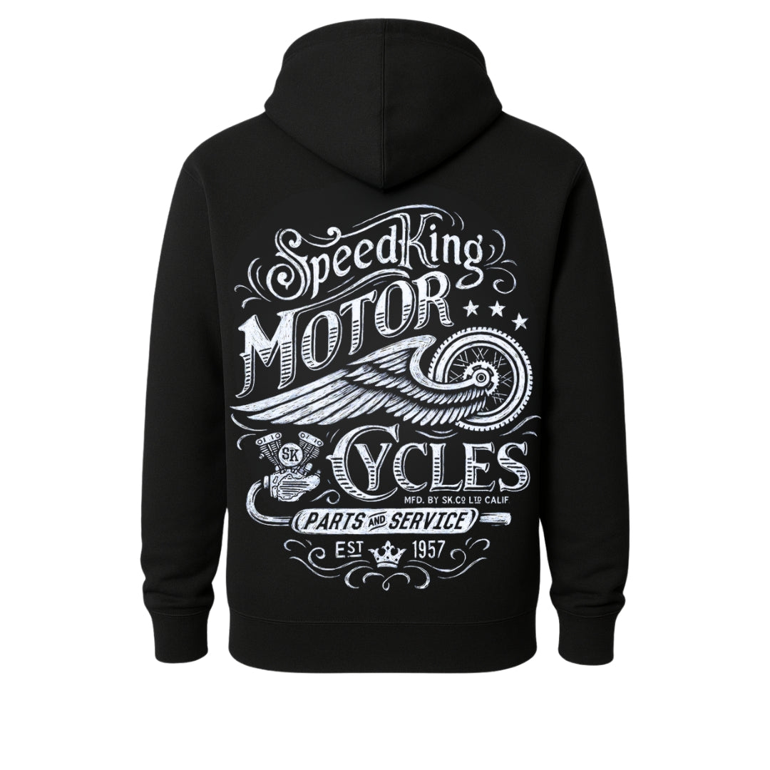 Motorcycle Rider Hoodie black back graphic by BikerZoneZ featuring winged wheel design on Tampa Home & Garden Store