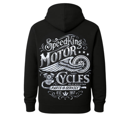 Motorcycle Rider Hoodie black back graphic by BikerZoneZ featuring winged wheel design on Tampa Home & Garden Store