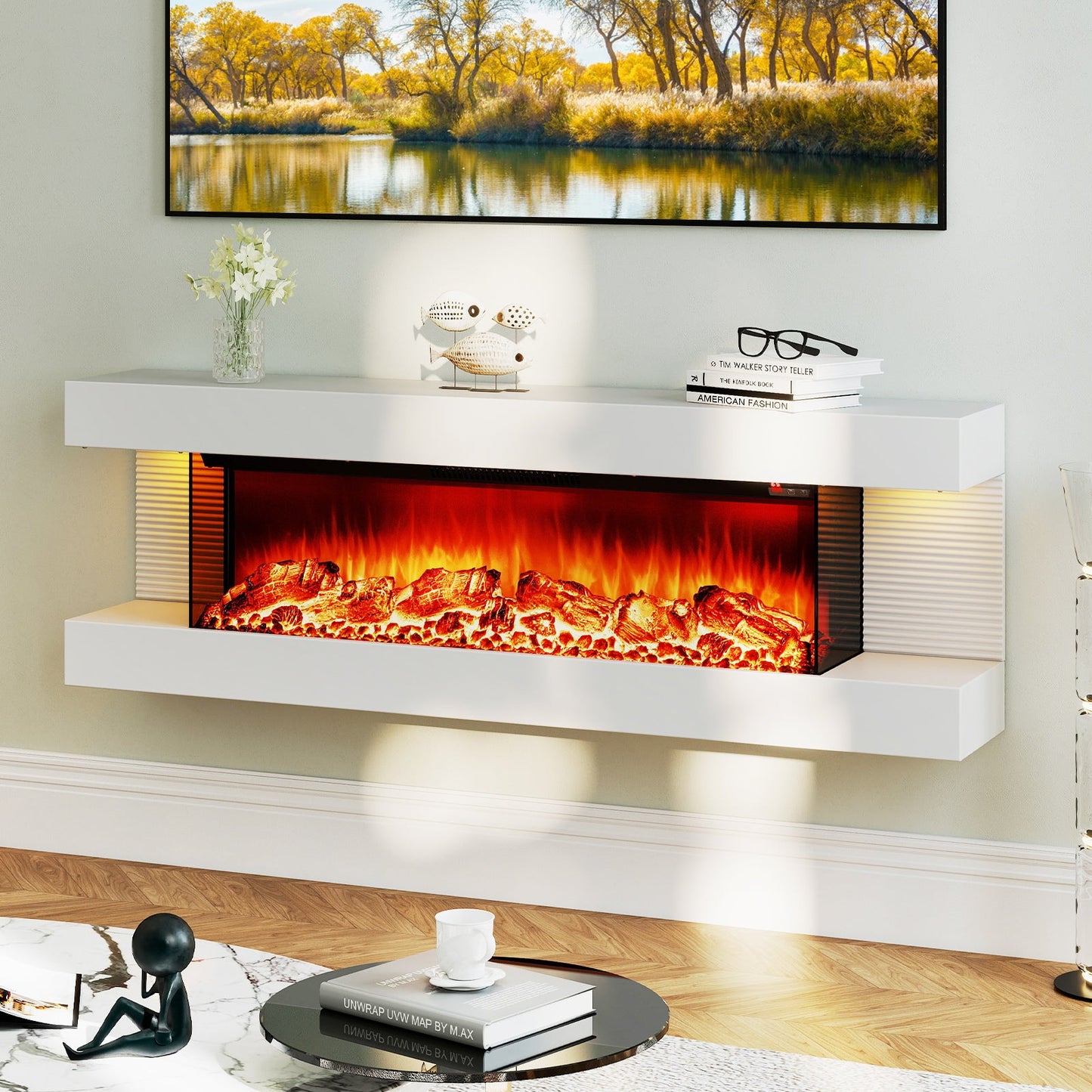 18/36 Inch 3-Sided Wall Mounted Electric Fireplace with 32/50 Inch Wide Floating Mantle