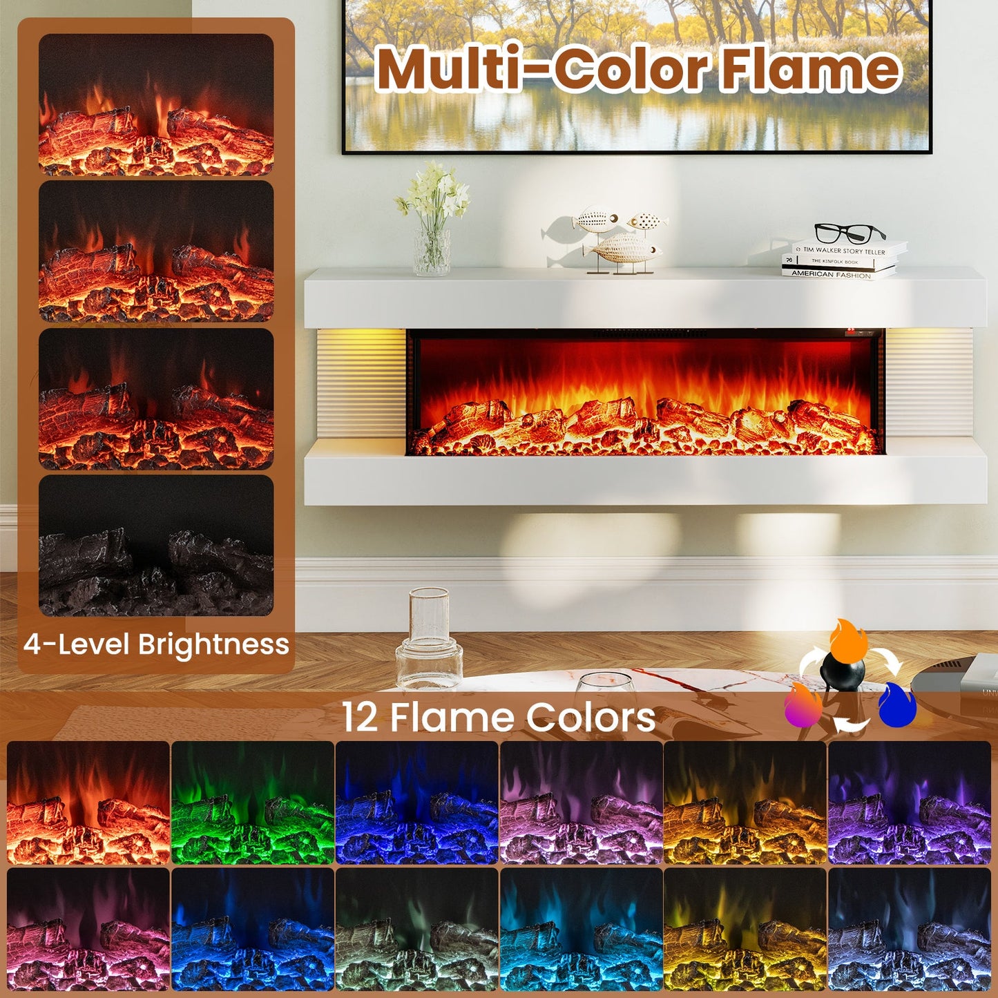 18/36 Inch 3-Sided Wall Mounted Electric Fireplace with 32/50 Inch Wide Floating Mantle
