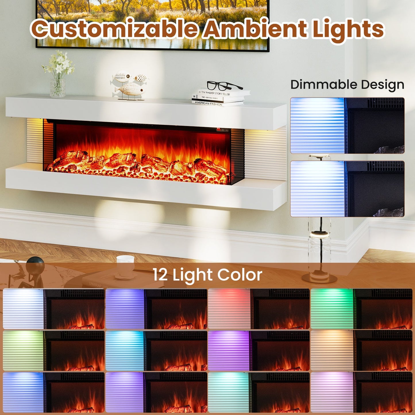 18/36 Inch 3-Sided Wall Mounted Electric Fireplace with 32/50 Inch Wide Floating Mantle
