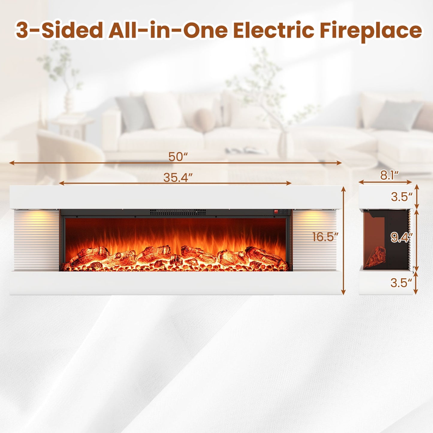 18/36 Inch 3-Sided Wall Mounted Electric Fireplace with 32/50 Inch Wide Floating Mantle