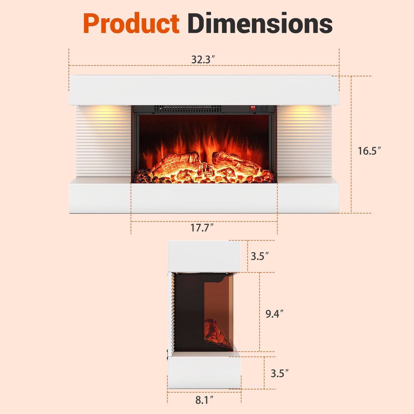 18/36 Inch 3-Sided Wall Mounted Electric Fireplace with 32/50 Inch Wide Floating Mantle