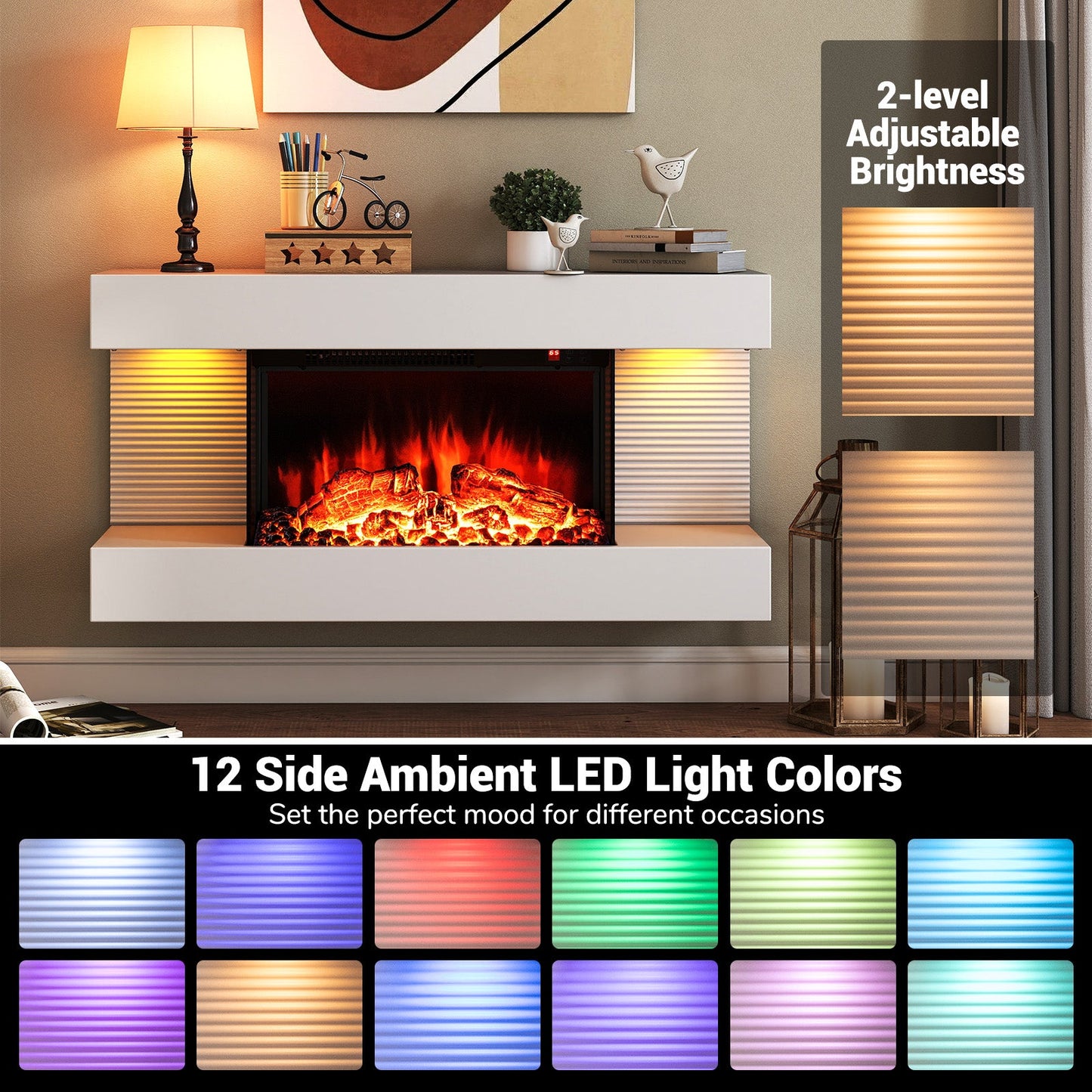 18/36 Inch 3-Sided Wall Mounted Electric Fireplace with 32/50 Inch Wide Floating Mantle