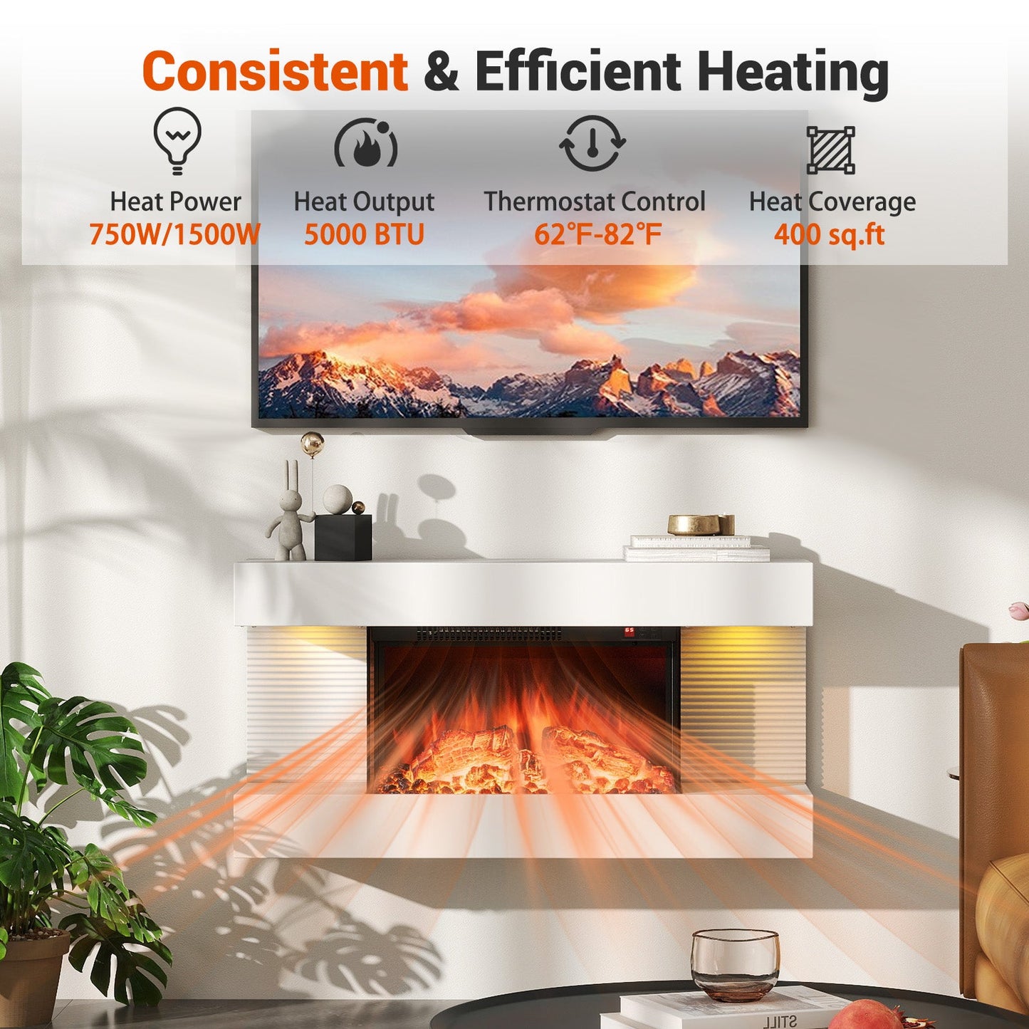 18/36 Inch 3-Sided Wall Mounted Electric Fireplace with 32/50 Inch Wide Floating Mantle