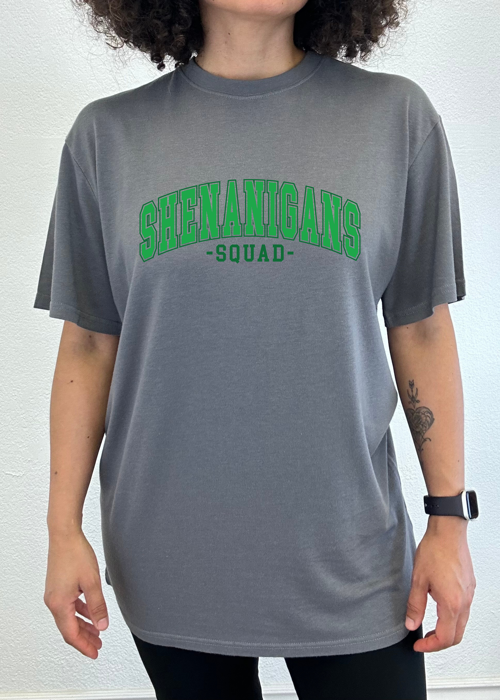 Shenanigans Squad unisex bamboo/cotton graphic tee in gray with green arch logo and -SQUAD- text on Tampa Home & Garden Store
