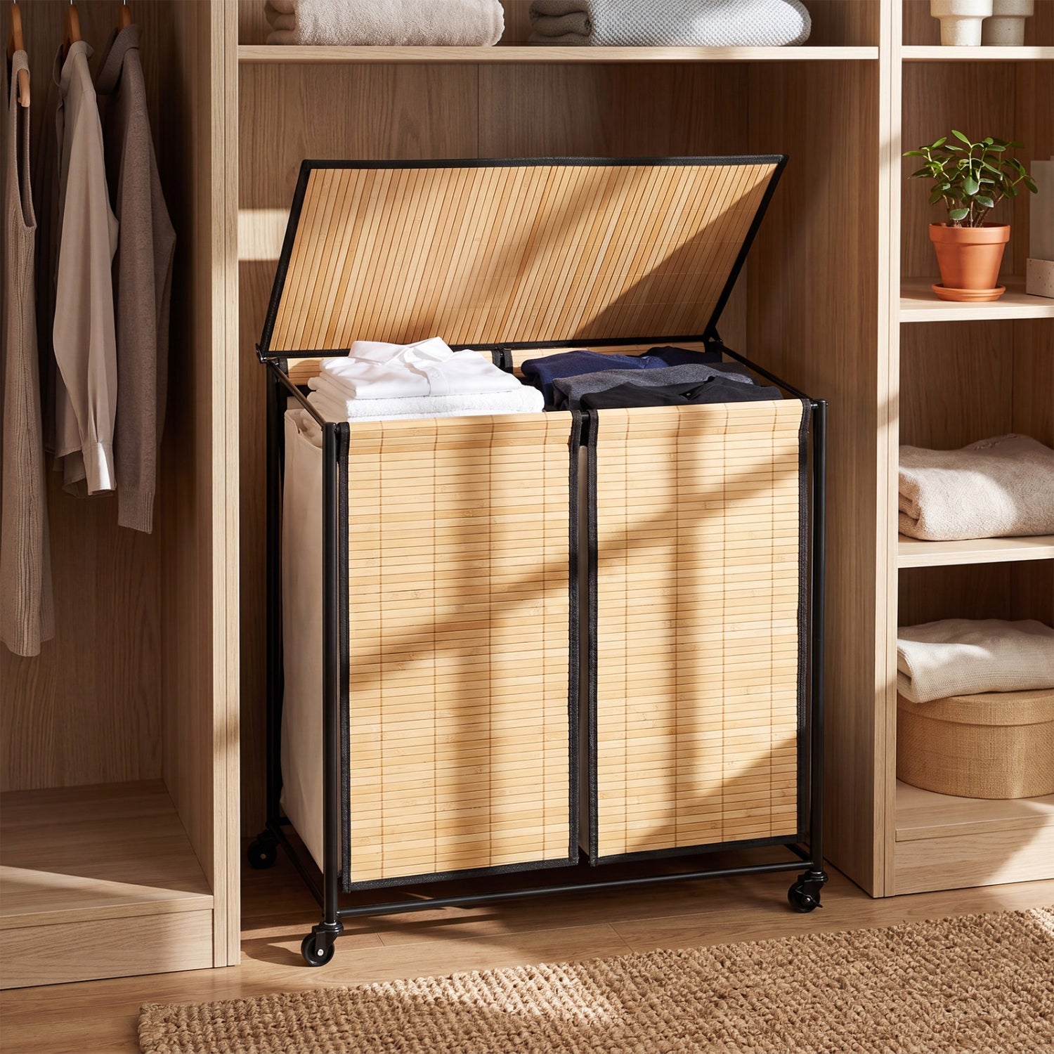 2-section laundry hamper with lid and wheels, bamboo panels on black metal frame DirectDeals on Tampa Home & Garden Store