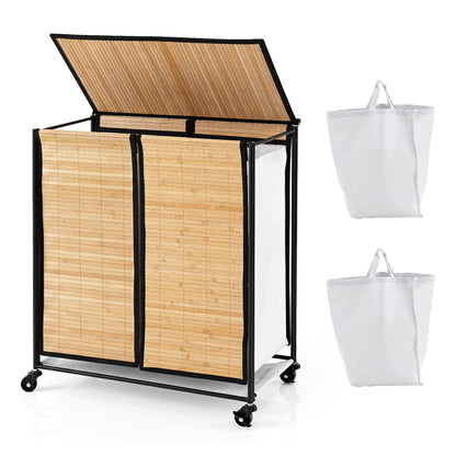 DirectDeals 2-Section Laundry Hamper with Lid and Wheels, 18.5 Gal, bamboo panels on Tampa Home & Garden Store