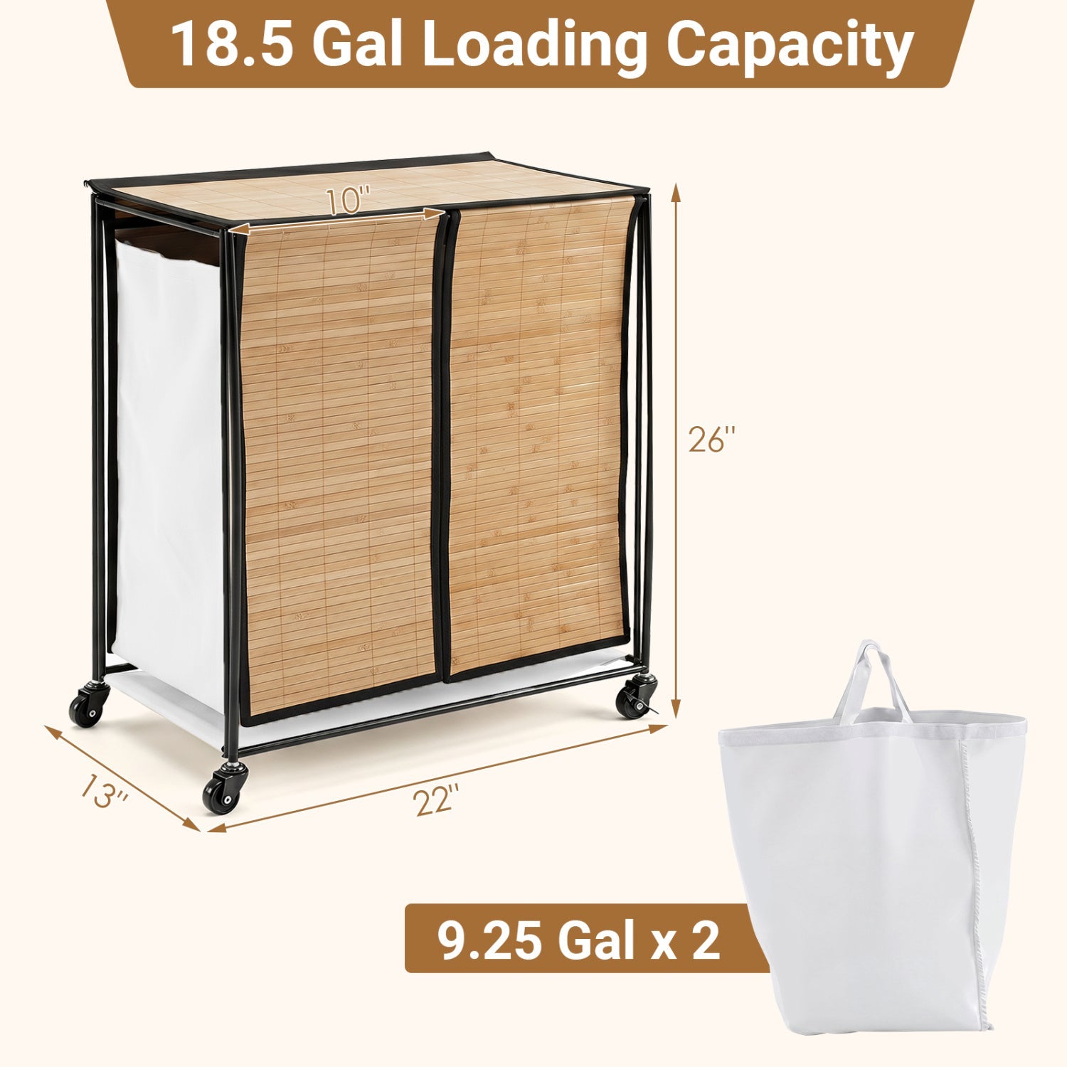 2-Section Laundry Hamper with Lid and Wheels by DirectDeals, bamboo slat panels, 18.5 Gal on Tampa Home & Garden Store