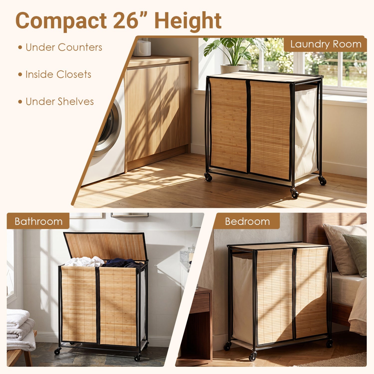 DirectDeals 2-Section Hamper with lid & wheels, bamboo panels, black metal frame, 18.5 gal on Tampa Home & Garden Store
