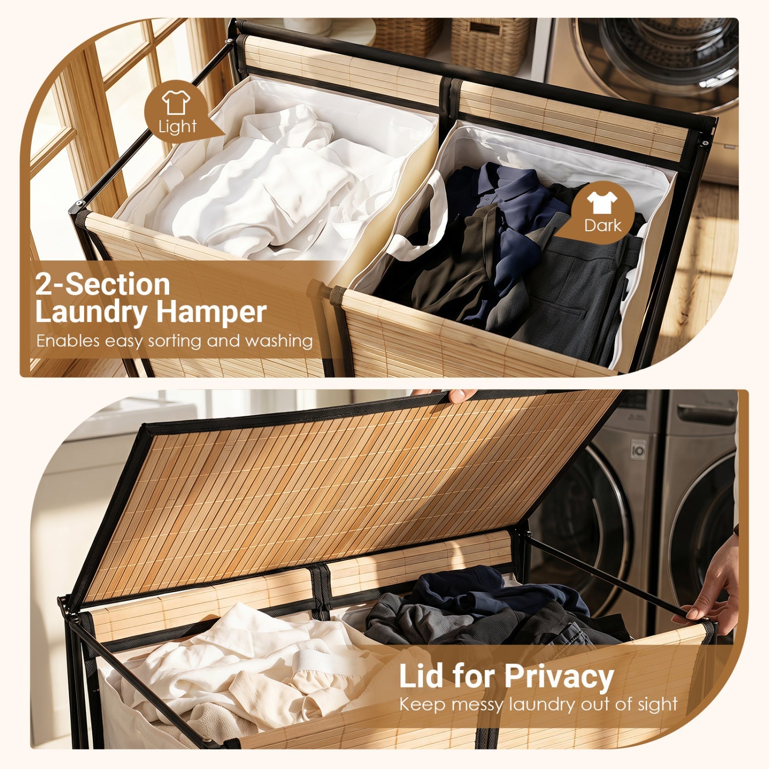 DirectDeals 2-Section Laundry Hamper with Lid and Wheels, 18.5 Gal, bamboo light/dark compartments on Tampa Home & Garden Store