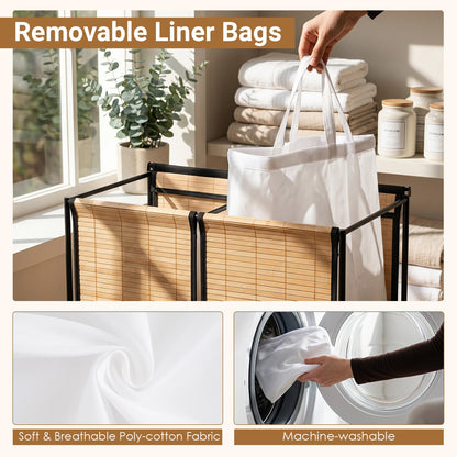 2-Section Laundry Hamper by DirectDeals with Lid, white liner in bamboo-framed sides on Tampa Home & Garden Store