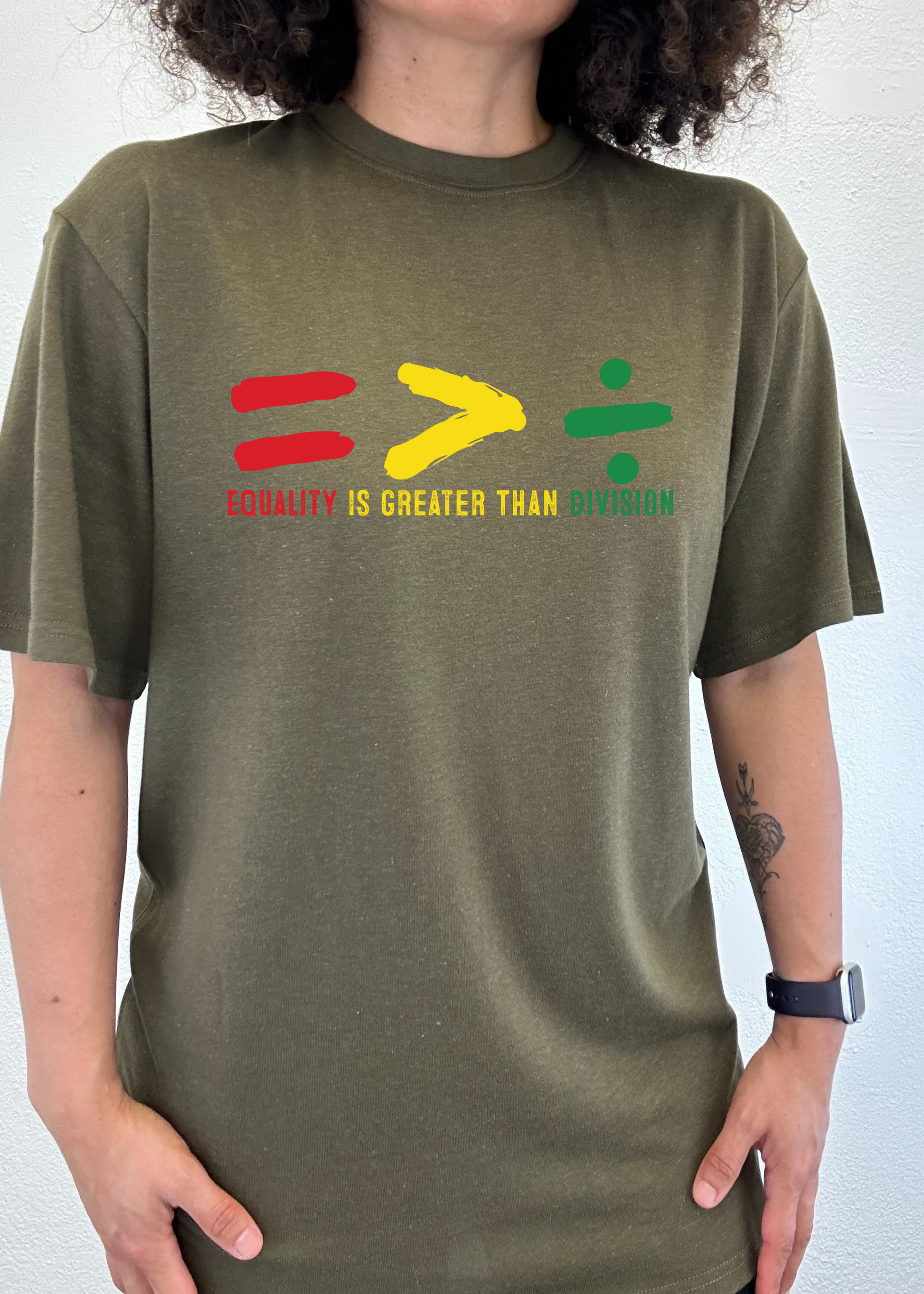Spun Bamboo unisex bamboo/cotton graphic T-shirt olive green with multicolor Equality Is Greater Than Division design on Tampa Home & Garden Store