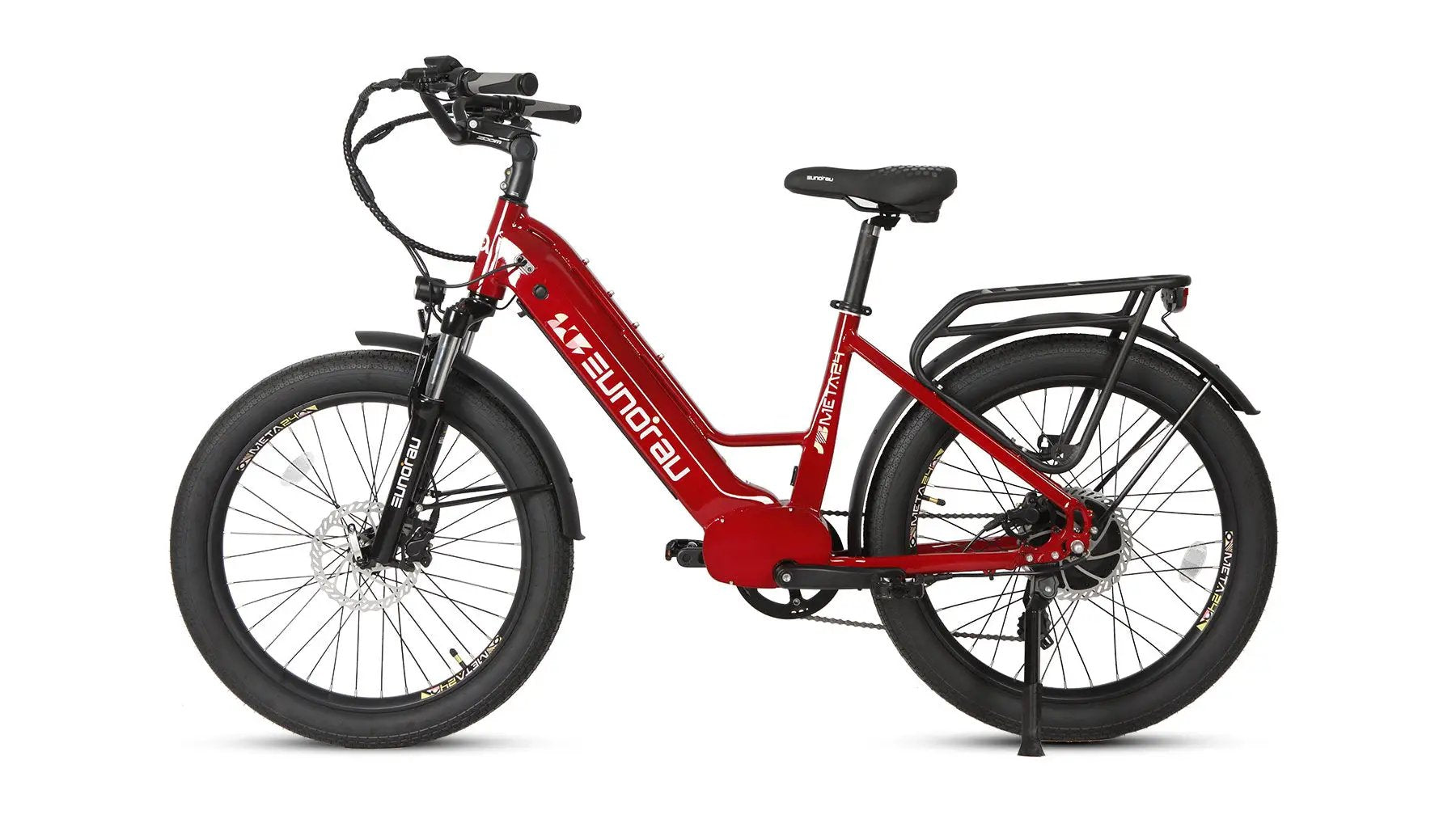 META26 1.0 electric bike red frame by EUNORAU with fat tires and rear rack on Tampa Home & Garden Store
