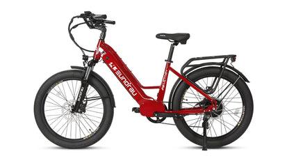 META26 1.0 electric bike red frame by EUNORAU with fat tires and rear rack on Tampa Home & Garden Store