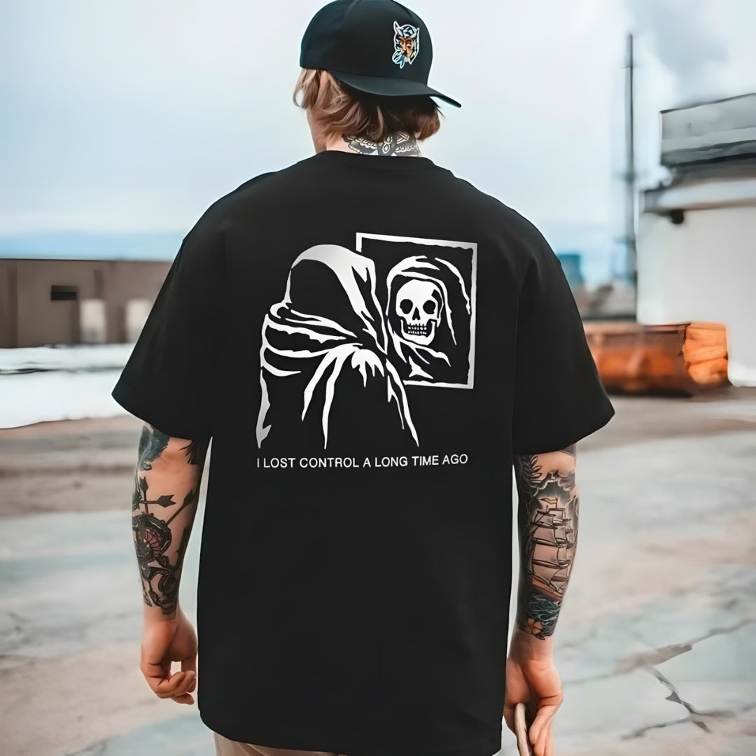 Style and Fashion Graphic Cotton T-shirt For Biker black with hooded skeleton artwork on Tampa Home & Garden Store