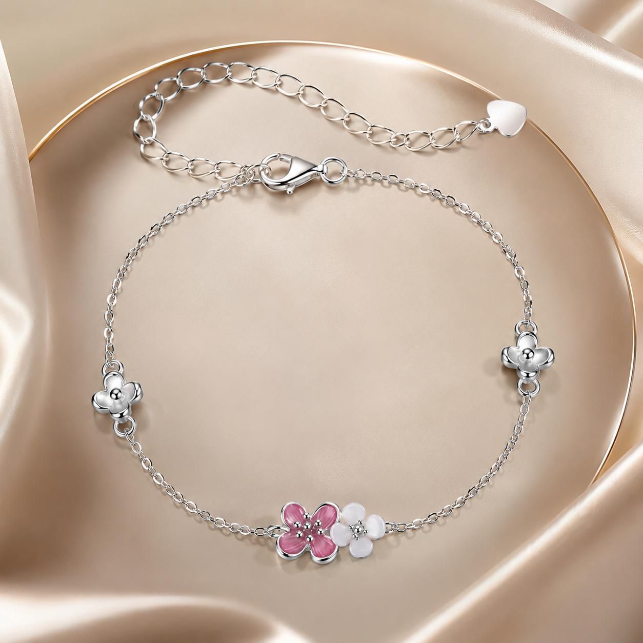 Bracelet 925 Silver enamel flower charm with pavé CZ, pink/white blossoms, adjustable 15+6cm on Tampa Home & Garden Store