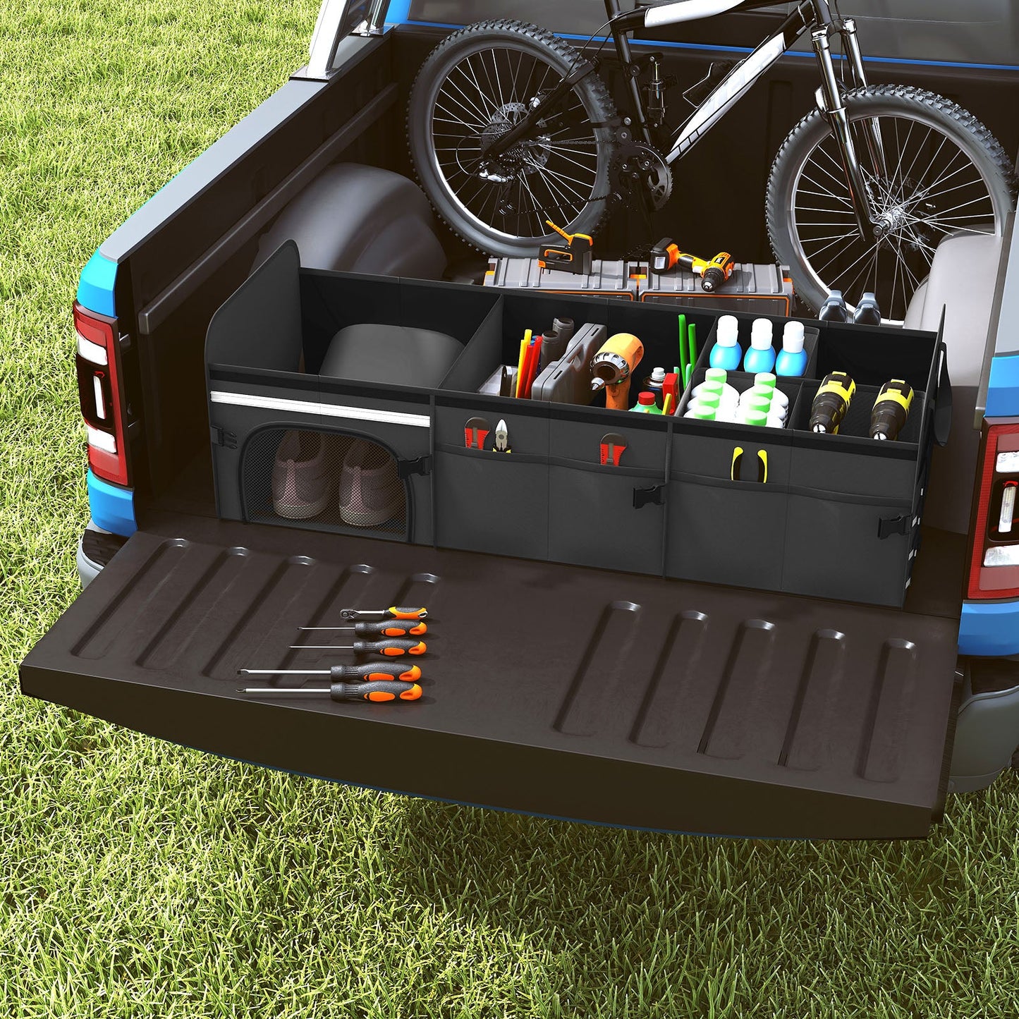 18 Gal Car Trunk Organizer with Lid 3-Compartment Portable Storage Box-Black