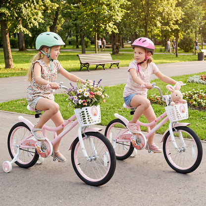 18 Inch Kids Bike set by DirectDeals, pink bikes with training wheels and front flower baskets on Tampa Home & Garden Store
