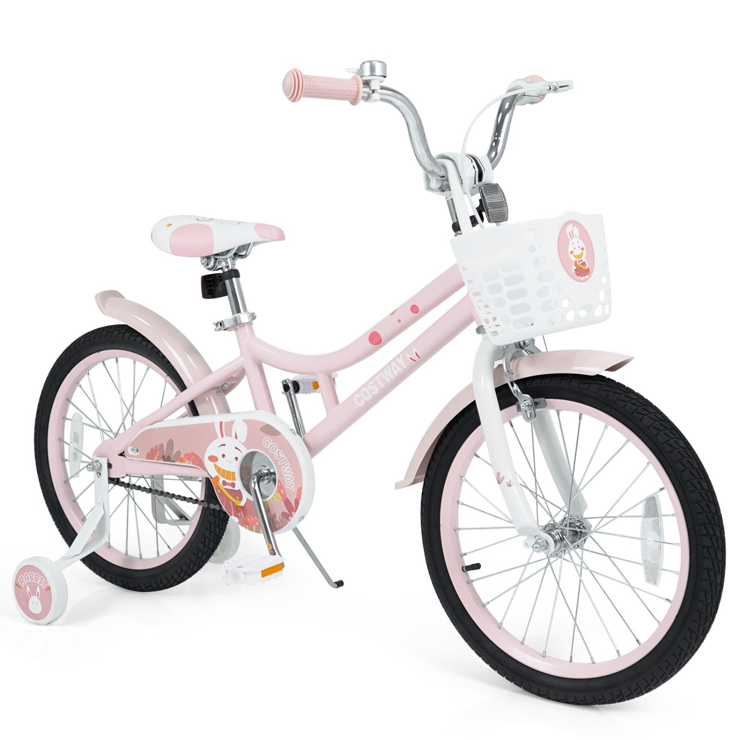 18 inch kids bike by DirectDeals with training wheels, front basket in pink and white on Tampa Home & Garden Store