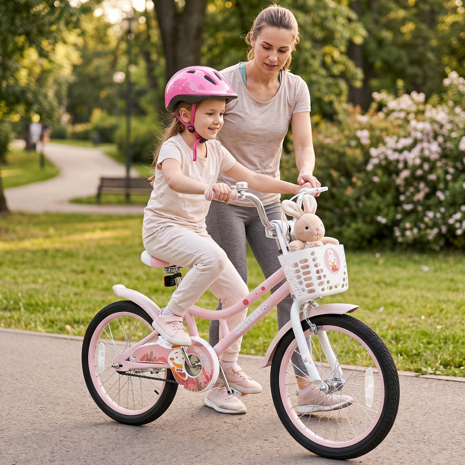18 Inch Kids Bike DirectDeals pink frame with training wheels and front basket on Tampa Home & Garden Store
