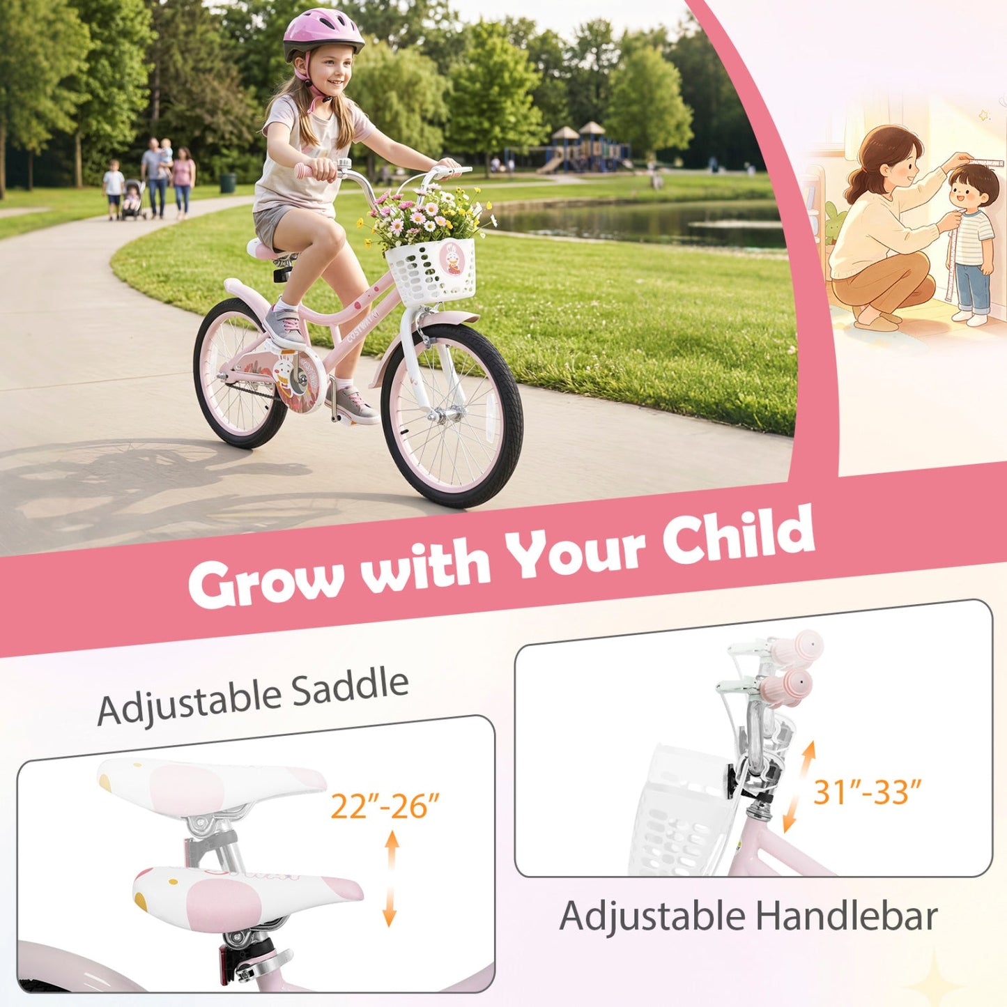 18 Inch Kids Bike DirectDeals with training wheels and front basket, pink and white with flowers on Tampa Home & Garden Store