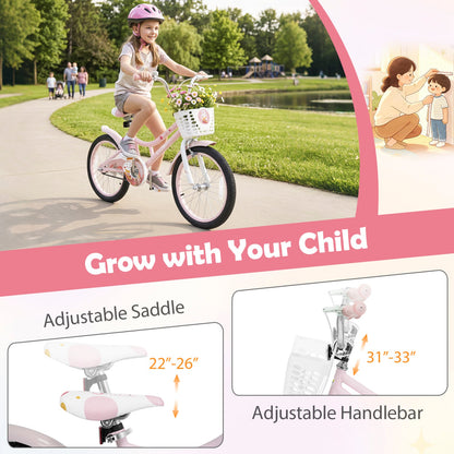 18 Inch Kids Bike DirectDeals with training wheels and front basket, pink and white with flowers on Tampa Home & Garden Store
