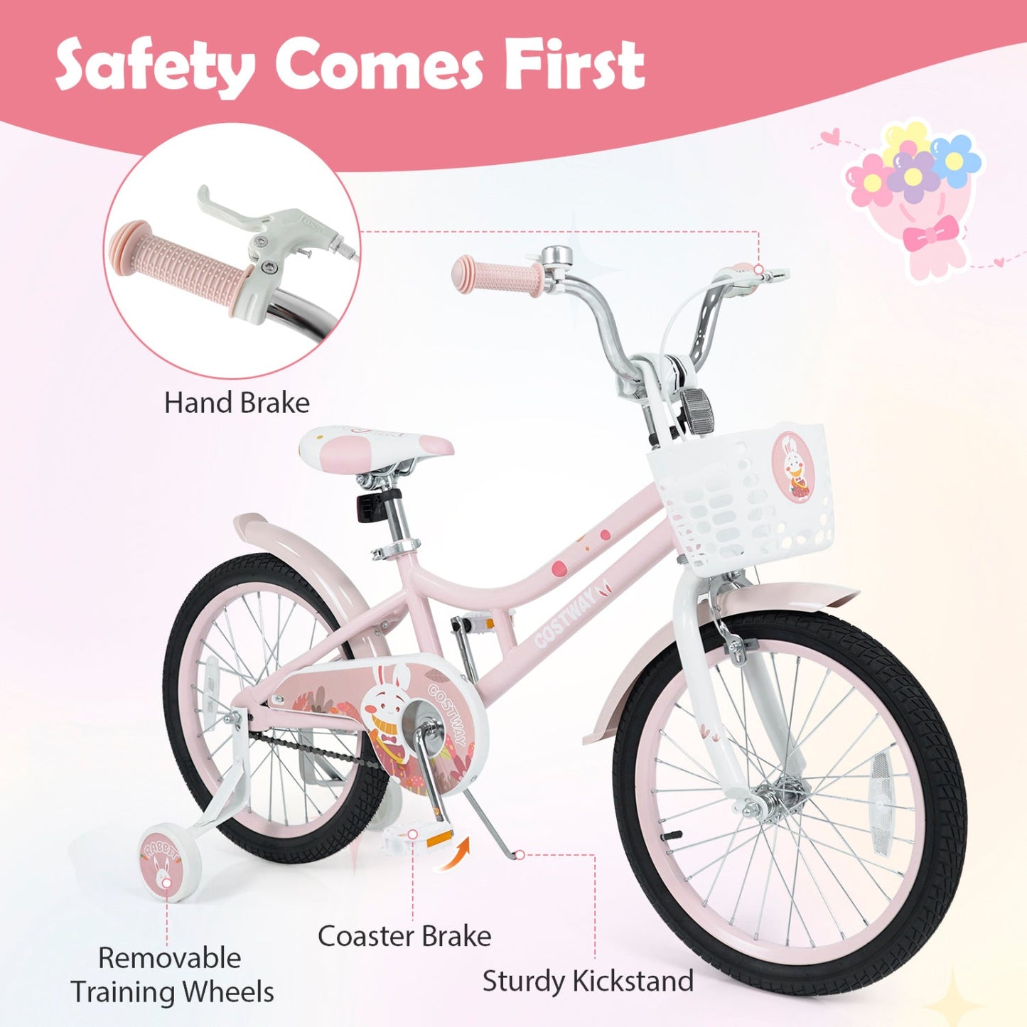 18 Inch Kids Bike DirectDeals with training wheels, pink frame, front basket and coaster brake on Tampa Home & Garden Store