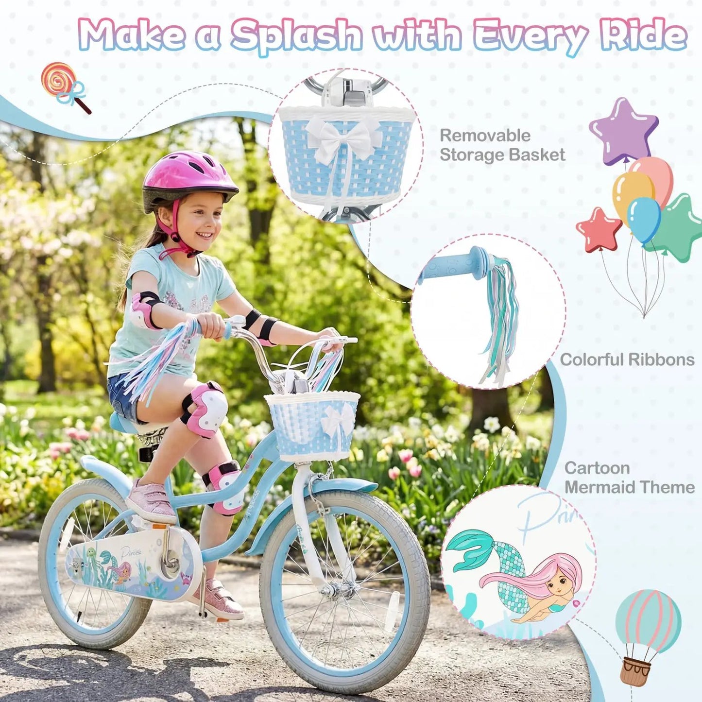 Kids Mermaid Bike 12 to 20 Training Wheels Basket