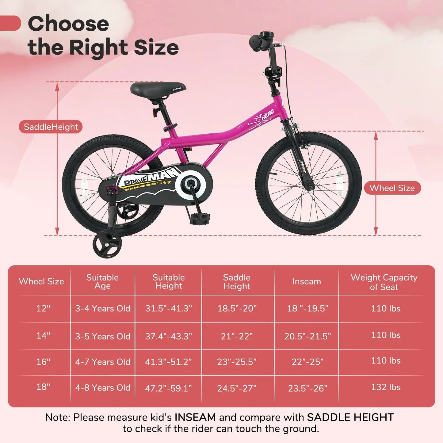 Kids Bike 14-Inch with Training Wheels Pink