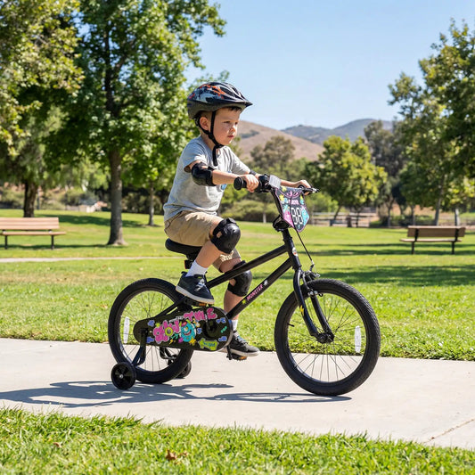 18-Inch DirectDeals Kids Bike with training wheels, black frame, helmeted child riding on Tampa Home & Garden Store