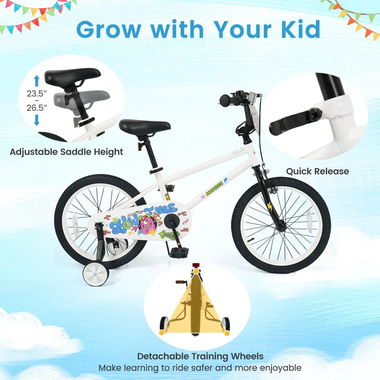 Kids Bike with Training Wheels 12 to 18 White