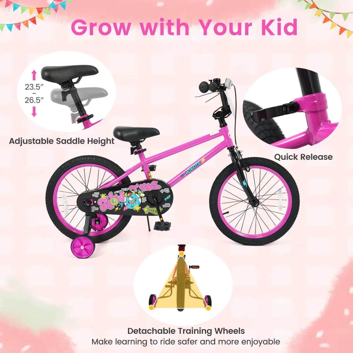 Kids Bike with Training Wheels 12 to 18 Inch Pink