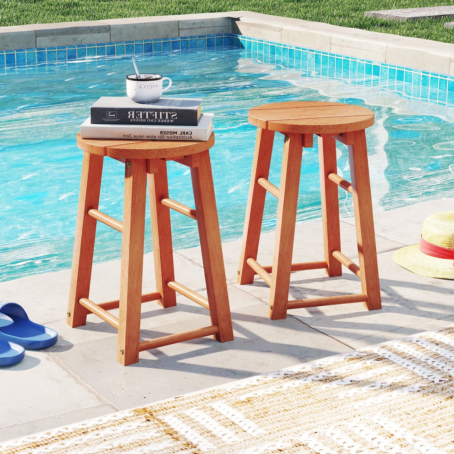 Taburetes de madera para exteriores de 18 pulgadas, juego de 2 con asiento redondo y reposapiés