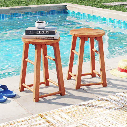 18-Inch Outdoor Wood Bar Stools Set of 2 with Round Seat and Footrest - Tampa Home & Garden Store