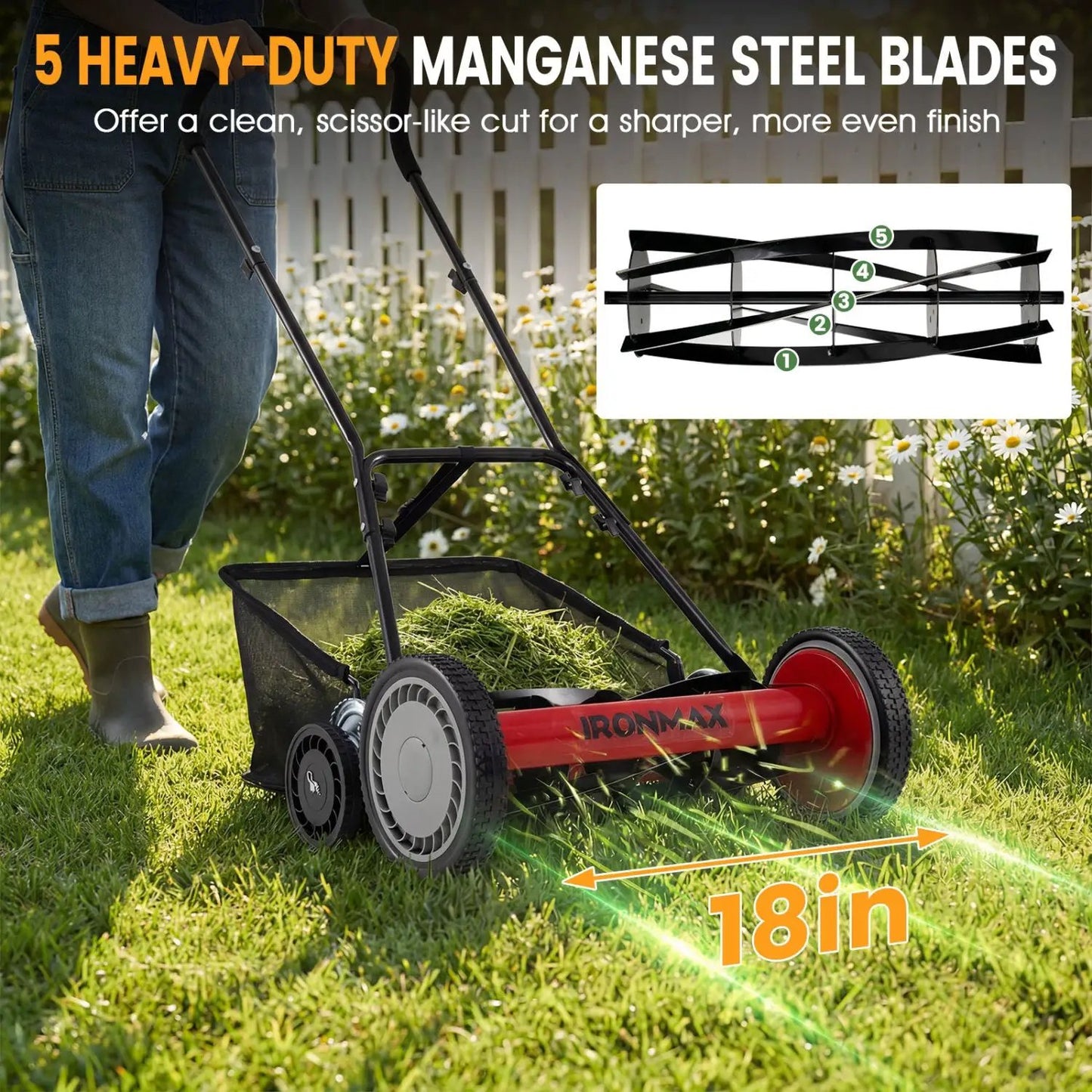 18 Inch Push Reel Lawn Mower with 4 Position