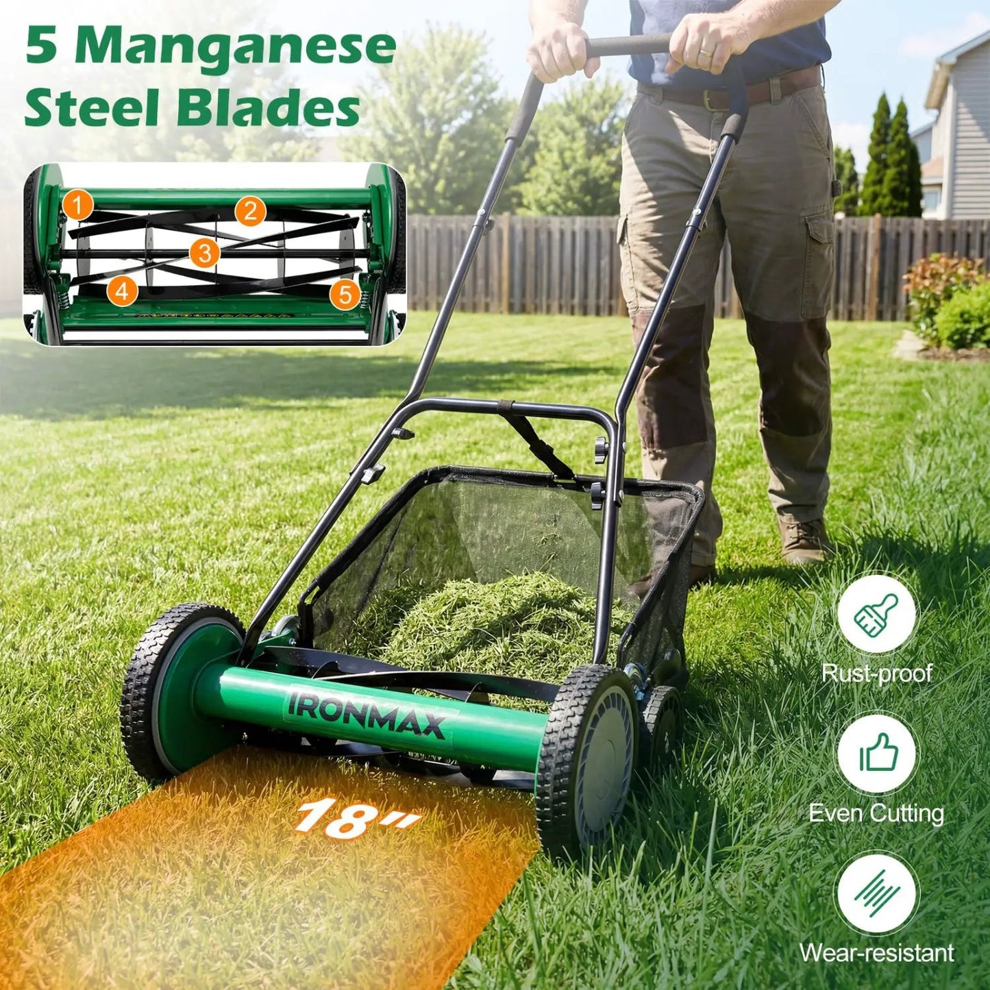 18 Inch Push Reel Lawn Mower with 4 Position