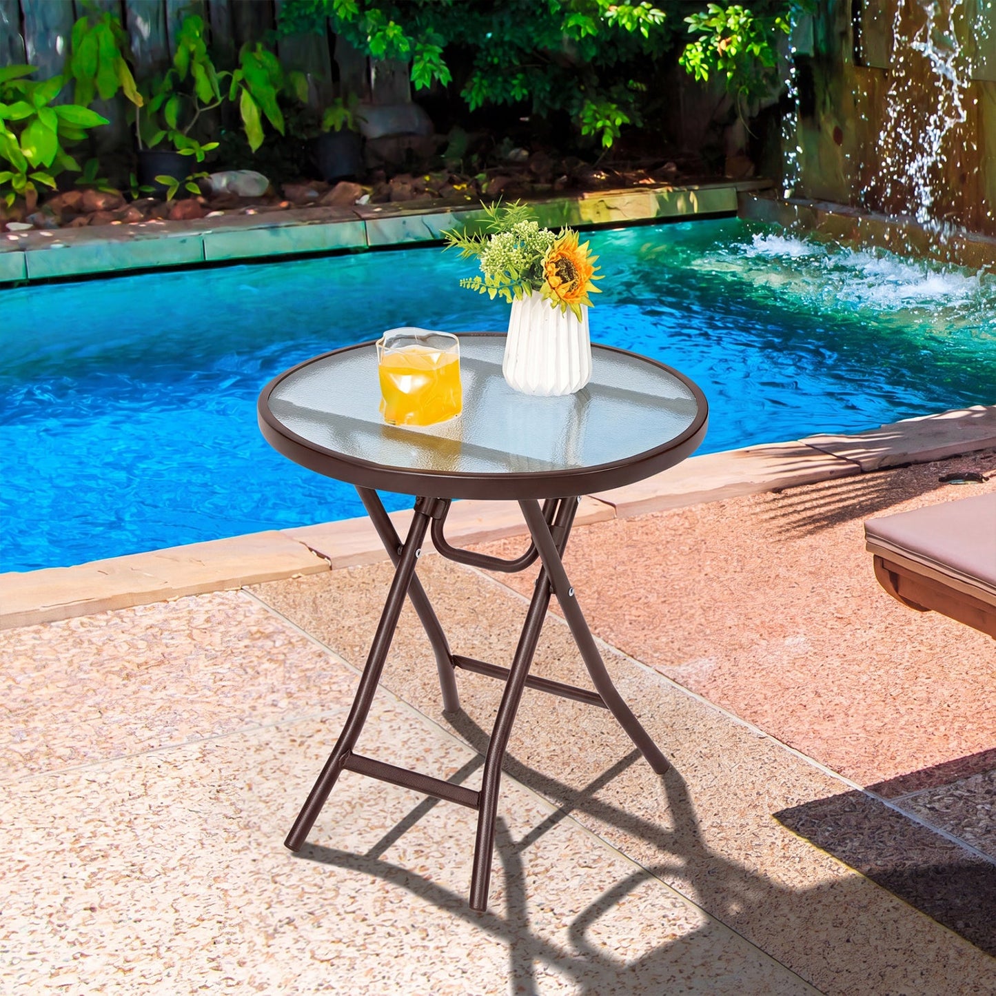 18-inch round folding patio side table with tempered glass top, brown metal frame DirectDeals on Tampa Home & Garden Store