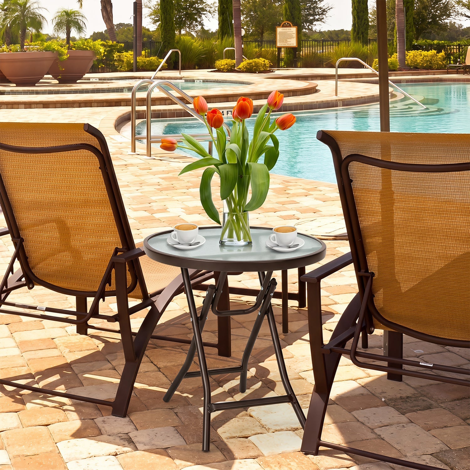 18-inch round folding patio side table with tempered glass top in brown, DirectDeals on Tampa Home & Garden Store