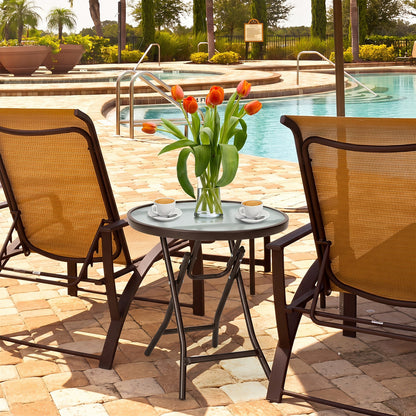 18-inch round folding patio side table with tempered glass top in brown, DirectDeals on Tampa Home & Garden Store