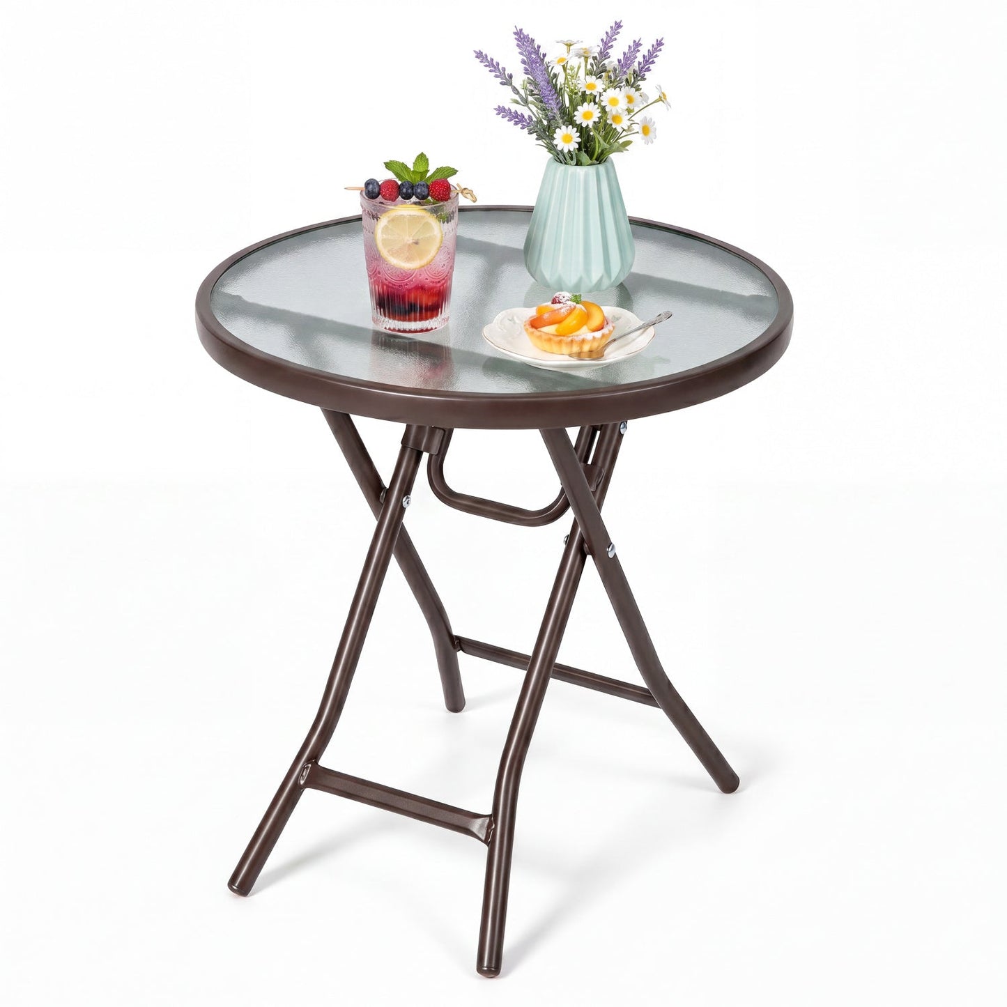 DirectDeals 18in round folding patio side table with tempered glass top brown metal frame on Tampa Home & Garden Store