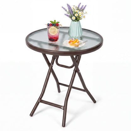 DirectDeals 18in round folding patio side table with tempered glass top brown metal frame on Tampa Home & Garden Store