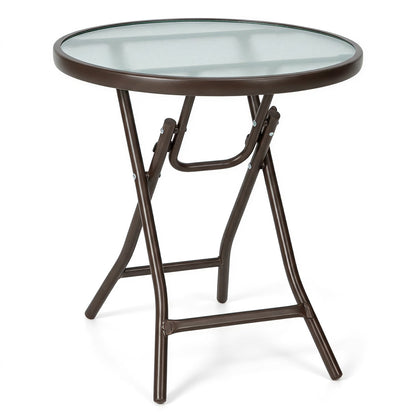 18-inch Round Folding Patio Side Table with Tempered Glass Top, brown frame, DirectDeals on Tampa Home & Garden Store